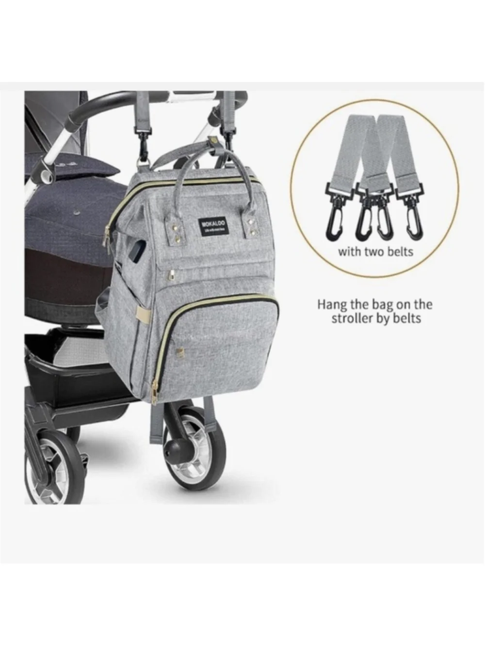Mokaloo Diaper Backpack / Stroller Strap / USB Port Gray Travel Carry On